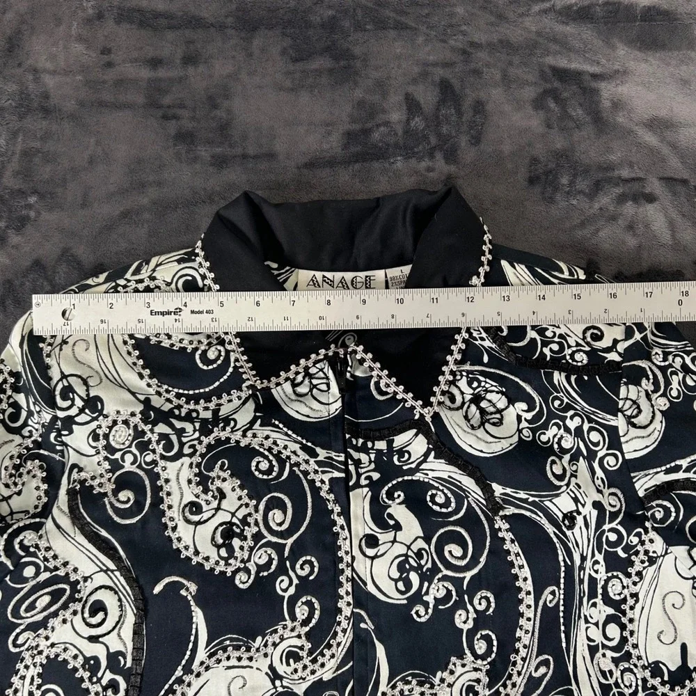 Anage Zip‎ Front Jacket Womens Large Black White Paisley Beaded Floral Lining